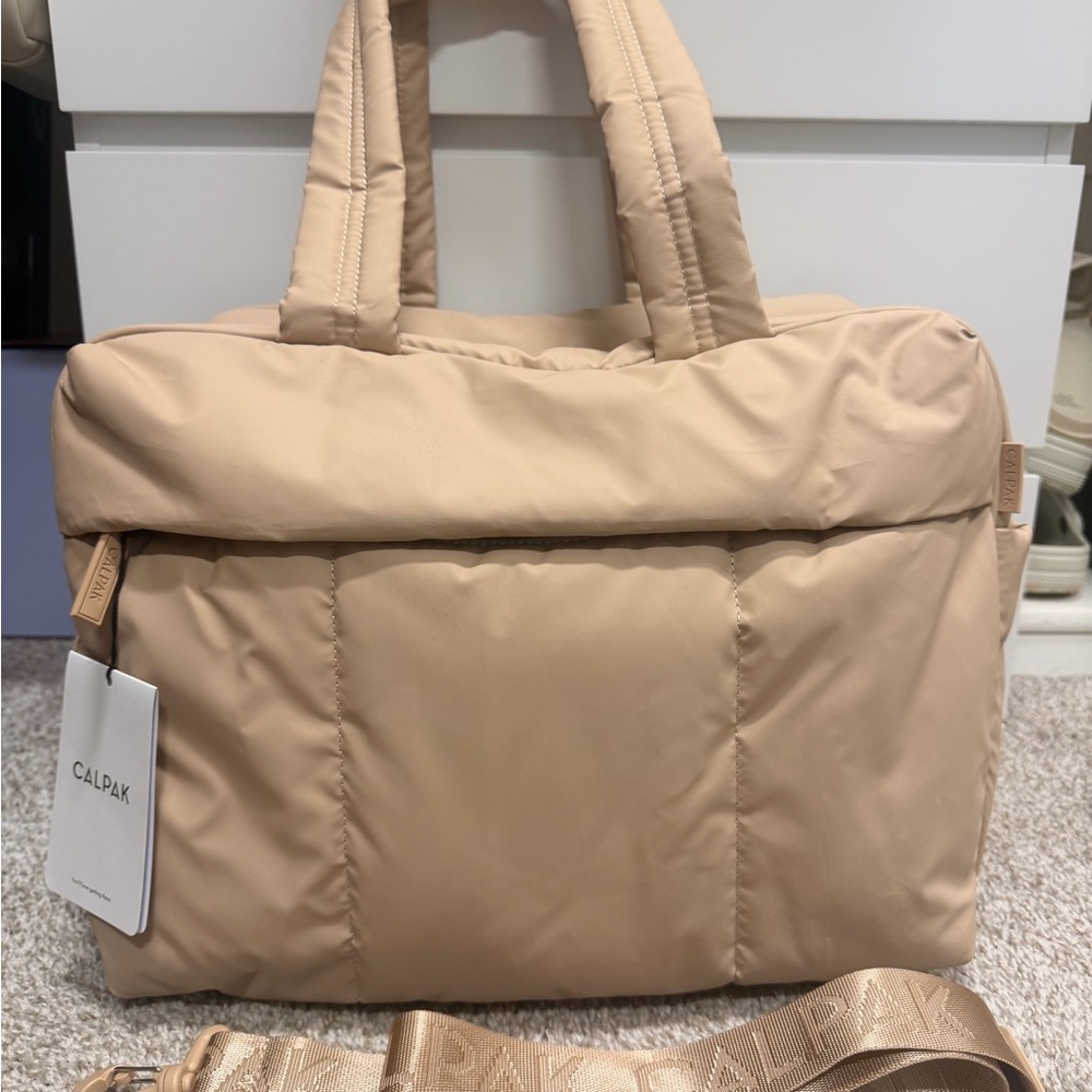 Calpak Beige Quilted Puffer Tote with Detachable Strap